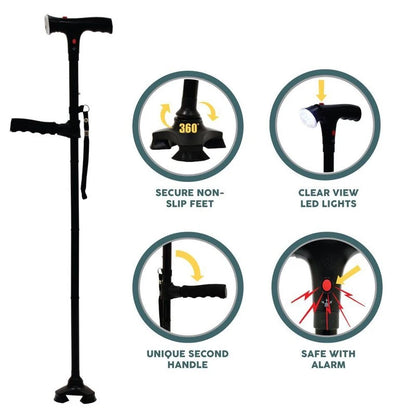 Collapsible Telescopic Walking Cane with LED and Double Handle.