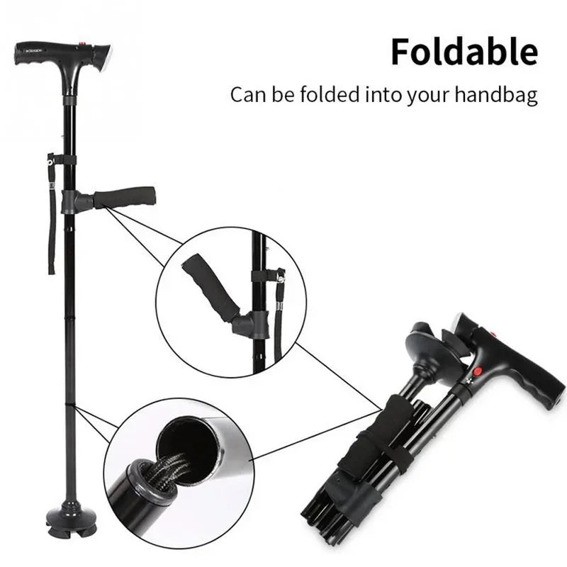 Collapsible Telescopic Walking Cane with LED and Double Handle.
